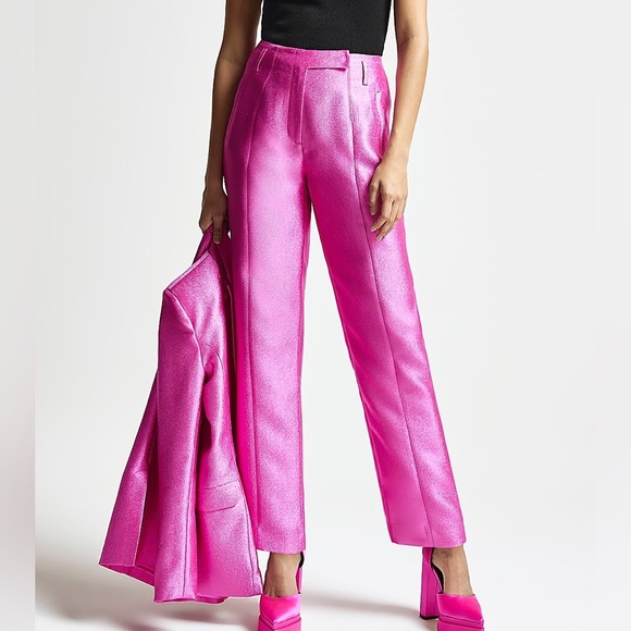River Island RI Studio High Rise Slim Leg Pink Trousers - Picture 1 of 10